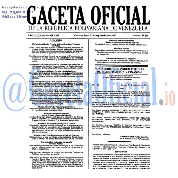 Gaceta Oficial 39518 del 27 Septiembre 2010
