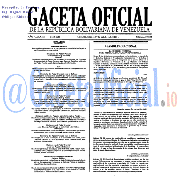 Gaceta Oficial 39522 del 1 Octubre 2010