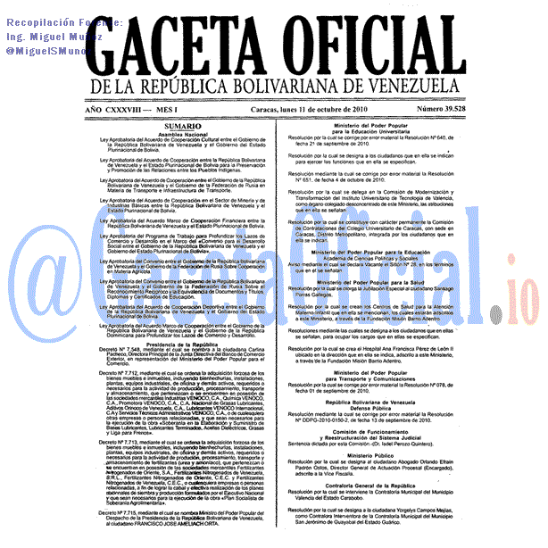 Gaceta Oficial 39528 del 11 Octubre 2010
