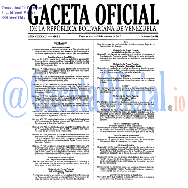 Gaceta Oficial 39538 del 26 Octubre 2010