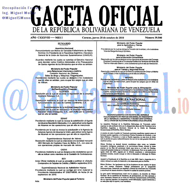 Gaceta Oficial 39540 del 28 Octubre 2010