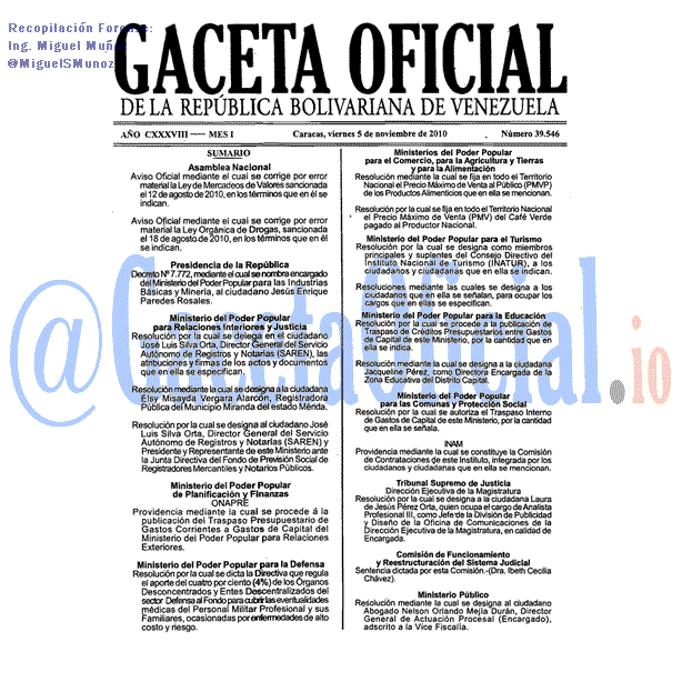 Gaceta Oficial 39546 del 5 Noviembre 2010
