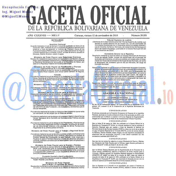 Gaceta Oficial 39551 del 12 Noviembre 2010