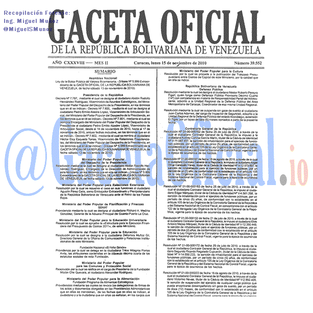 Gaceta Oficial 39552 del 15 Noviembre 2010
