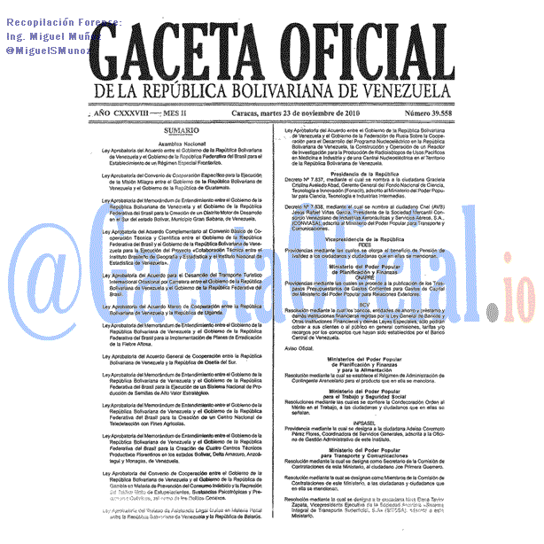 Gaceta Oficial 39558 del 23 Noviembre 2010