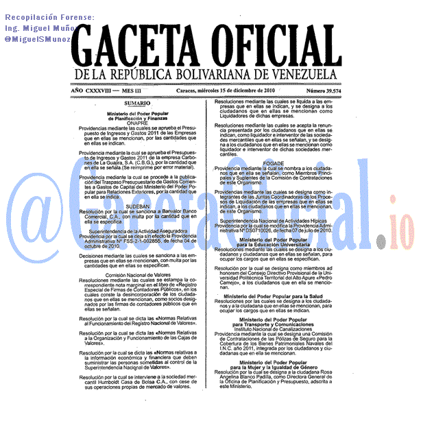 Gaceta Oficial 39574 del 15 Diciembre 2010
