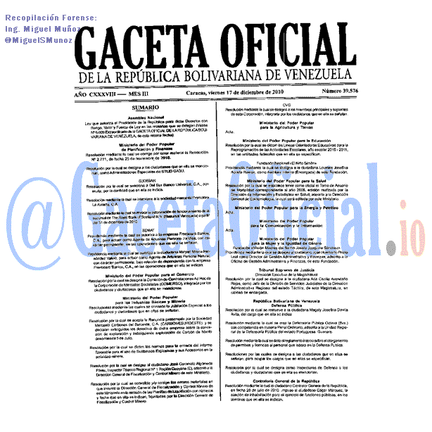 Gaceta Oficial 39576 del 17 Diciembre 2010