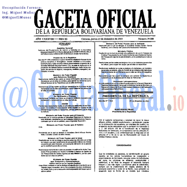 Gaceta Oficial 39580 del 23 Diciembre 2010