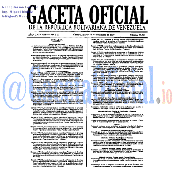 Gaceta Oficial 39582 del 28 Diciembre 2010