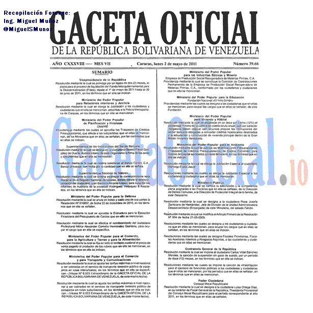 Gaceta Oficial 39664 del 2 Mayo 2011