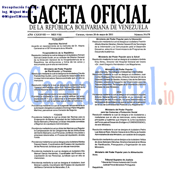 Gaceta Oficial 39678 del 20 Mayo 2011