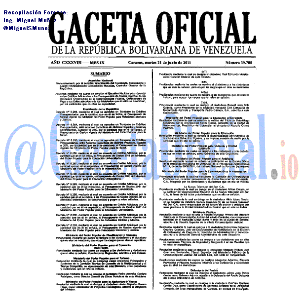 Gaceta Oficial 39700 del 21 Junio 2011