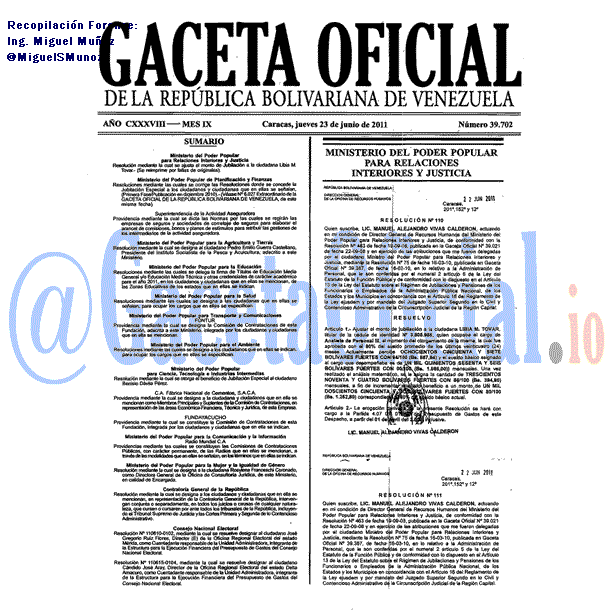 Gaceta Oficial 39702 del 23 Junio 2011