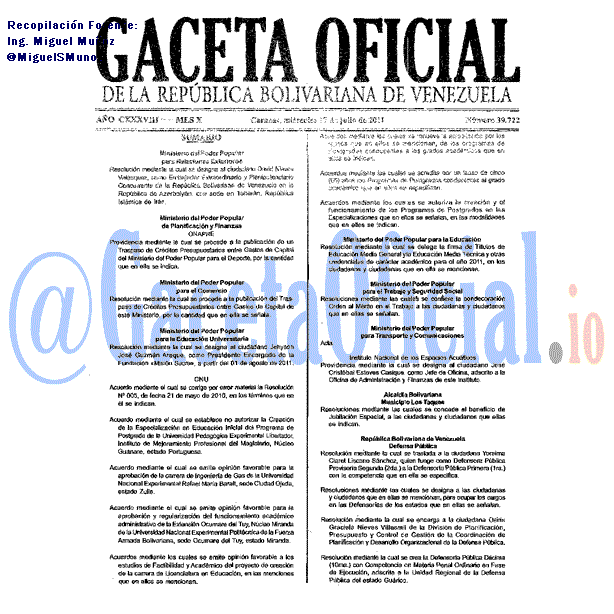 Gaceta Oficial 39722 del 27 Julio 2011