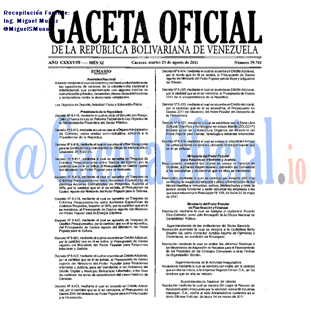 Gaceta Oficial 39741 del 23 Agosto 2011