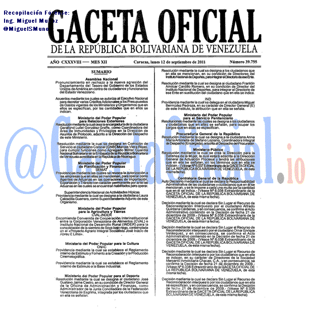 Gaceta Oficial 39755 del 12 Septiembre 2011