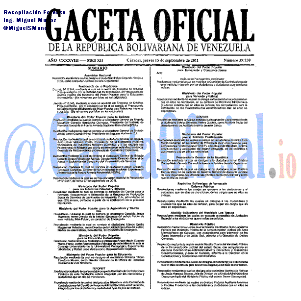 Gaceta Oficial 39758 del 15 Septiembre 2011