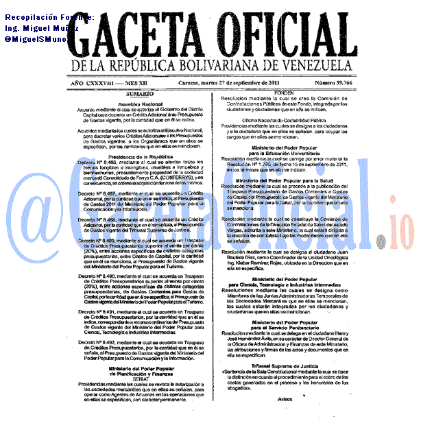 Gaceta Oficial 39766 del 27 Septiembre 2011
