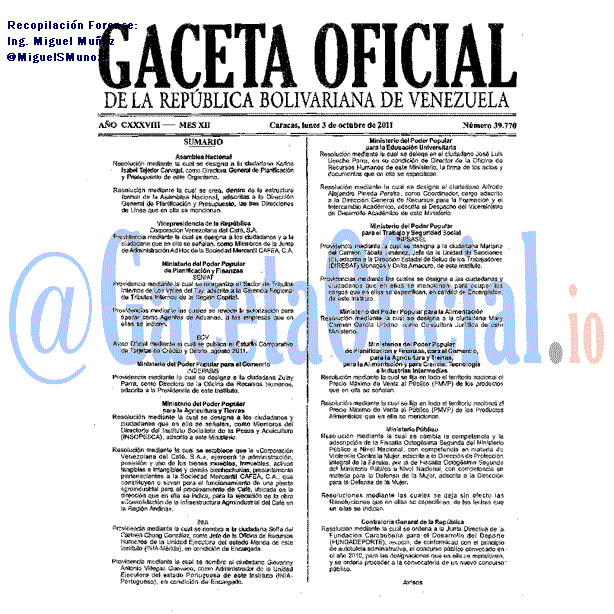 Gaceta Oficial 39770 del 3 Octubre 2011
