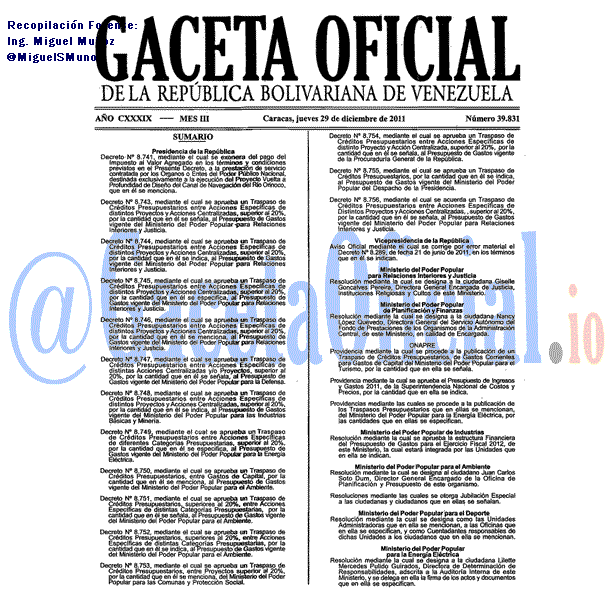 Gaceta Oficial 39831 del 29 Diciembre 2011