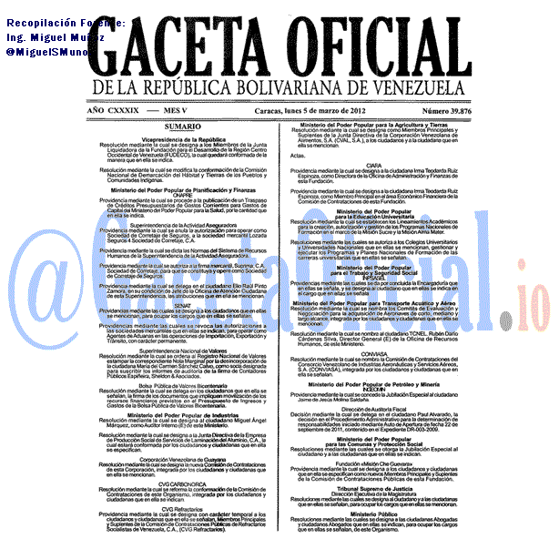 Gaceta Oficial 39876 del 5 Marzo 2012