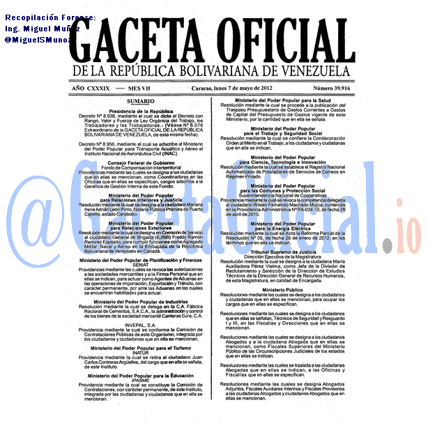 Gaceta Oficial 39916 del 7 Mayo 2012