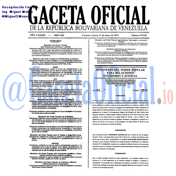 Gaceta Oficial 39920 del 11 Mayo 2012
