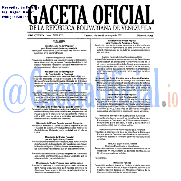 Gaceta Oficial 39925 del 18 Mayo 2012