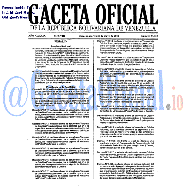 Gaceta Oficial 39932 del 29 Mayo 2012