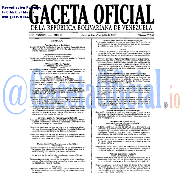 Gaceta Oficial 39960 del 9 Julio 2012