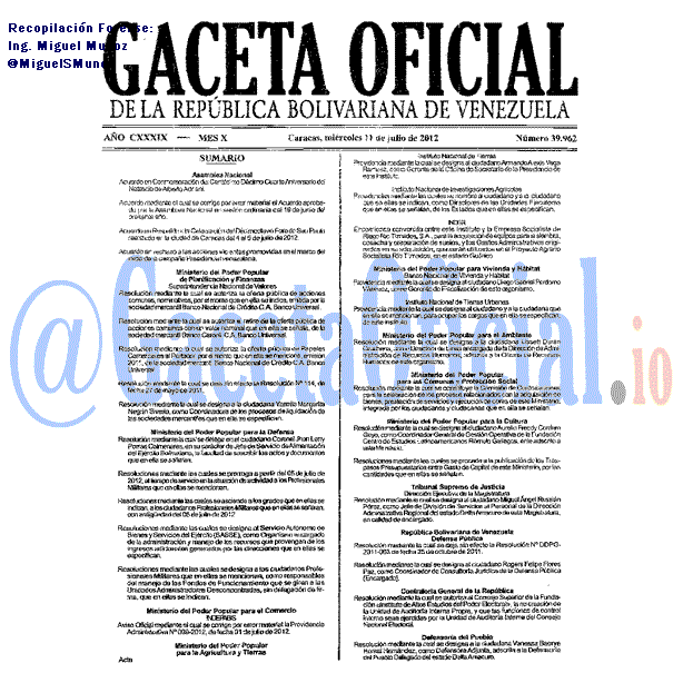 Gaceta Oficial 39962 del 11 Julio 2012