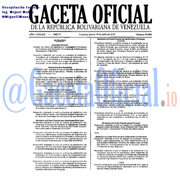 Gaceta Oficial 39968 del 19 Julio 2012