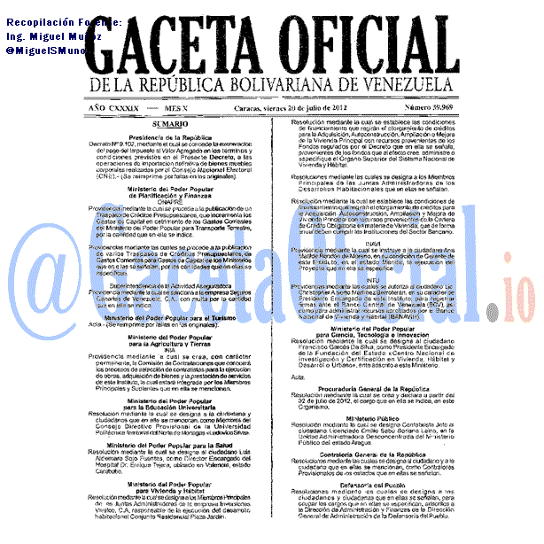 Gaceta Oficial 39969 del 20 Julio 2012