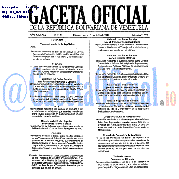 Gaceta Oficial 39975 del 31 Julio 2012