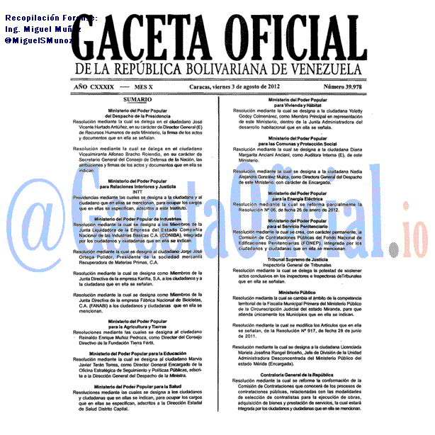 Gaceta Oficial 39978 del 3 Agosto 2012