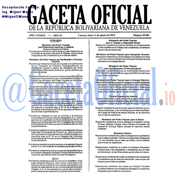 Gaceta Oficial 39984 del 13 Agosto 2012