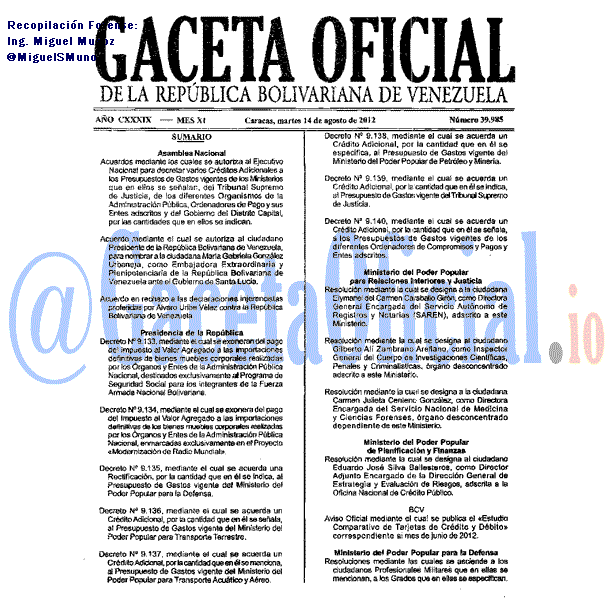 Gaceta Oficial 39985 del 14 Agosto 2012