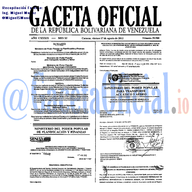 Gaceta Oficial 39988 del 17 Agosto 2012