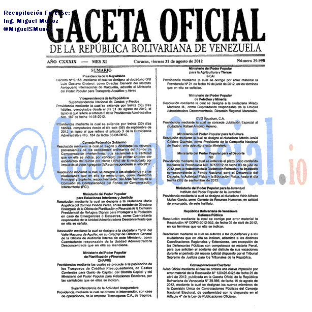 Gaceta Oficial 39998 del 31 Agosto 2012