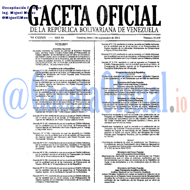 Gaceta Oficial 39999 del 3 Septiembre 2012