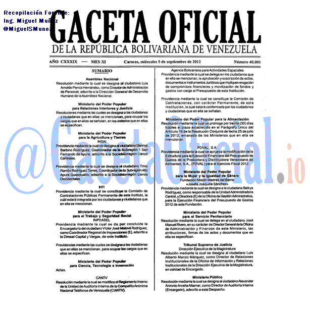 Gaceta Oficial 40001 del 5 Septiembre 2012