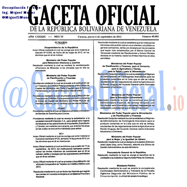 Gaceta Oficial 40002 del 6 Septiembre 2012