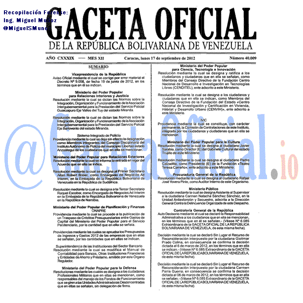 Gaceta Oficial 40009 del 17 Septiembre 2012