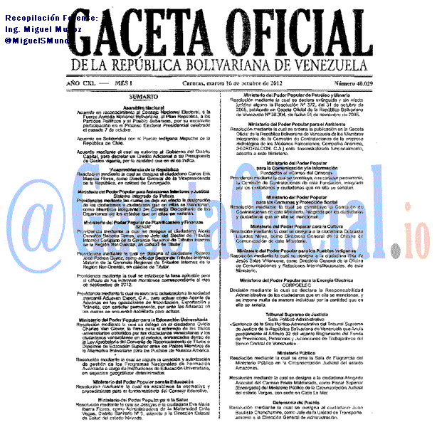 Gaceta Oficial 40029 del 16 Octubre 2012