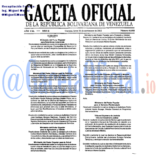 Gaceta Oficial 40058 del 26 Noviembre 2012