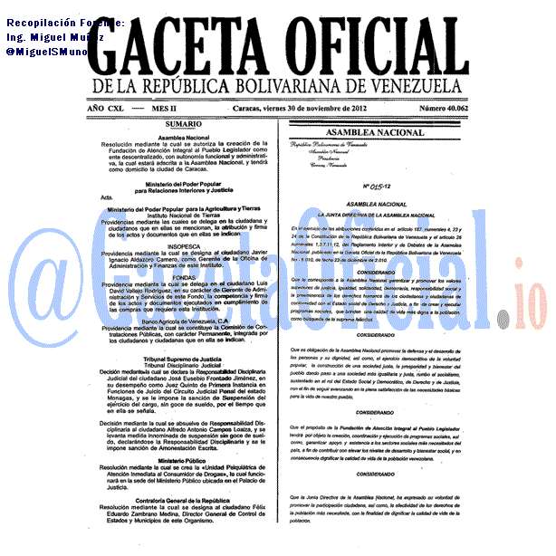 Gaceta Oficial 40062 del 30 Noviembre 2012