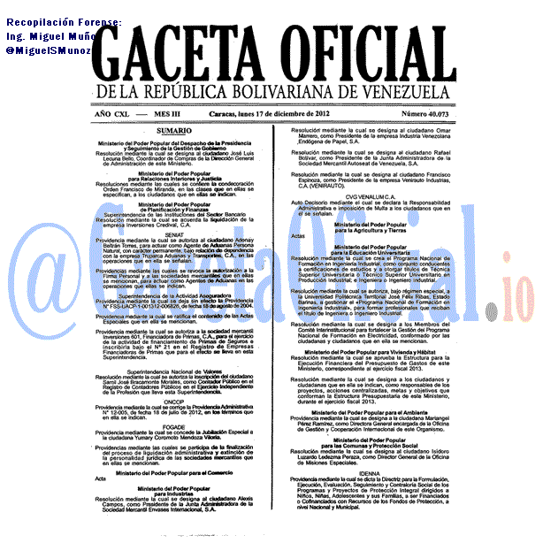 Gaceta Oficial 40073 del 17 Diciembre 2012