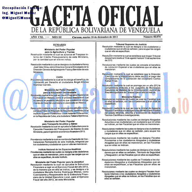 Gaceta Oficial 40074 del 18 Diciembre 2012