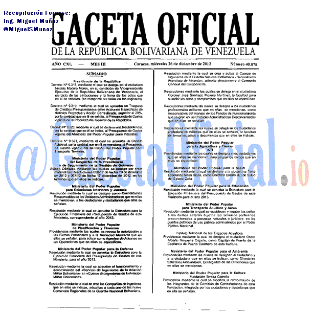 Gaceta Oficial 40078 del 26 Diciembre 2012