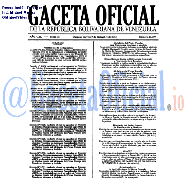Gaceta Oficial 40079 del 27 Diciembre 2012